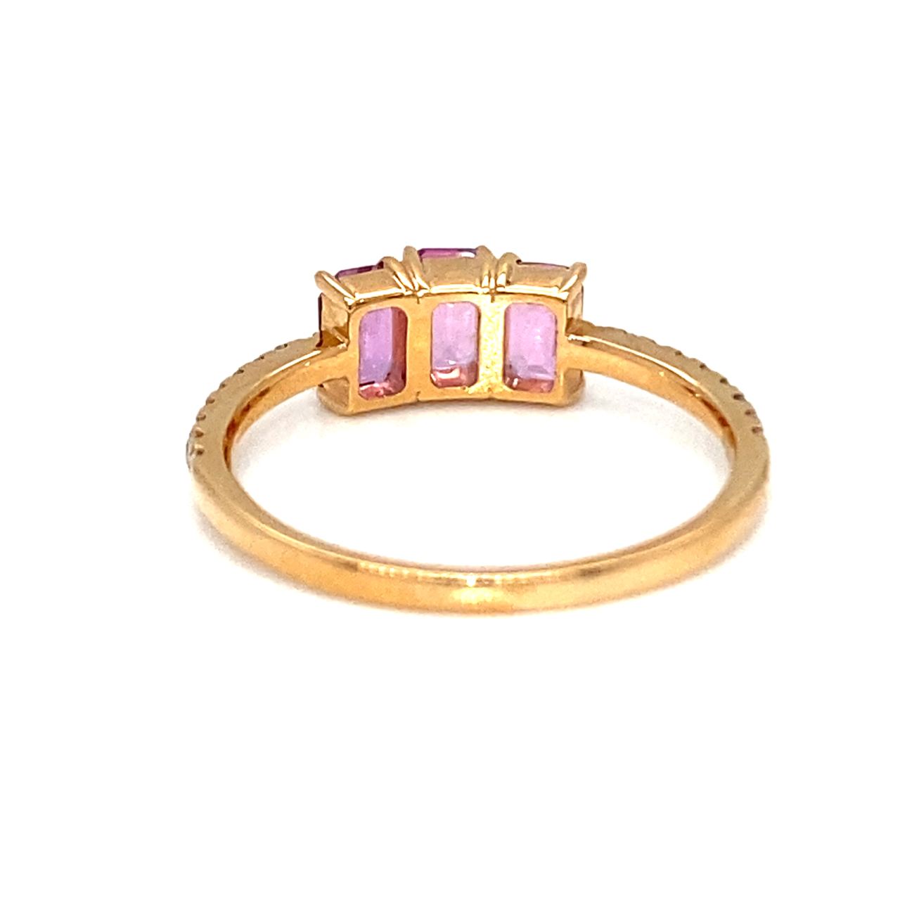 18K Rose Gold Trilogy Pink Emerald Sapphire Diamond  Ring