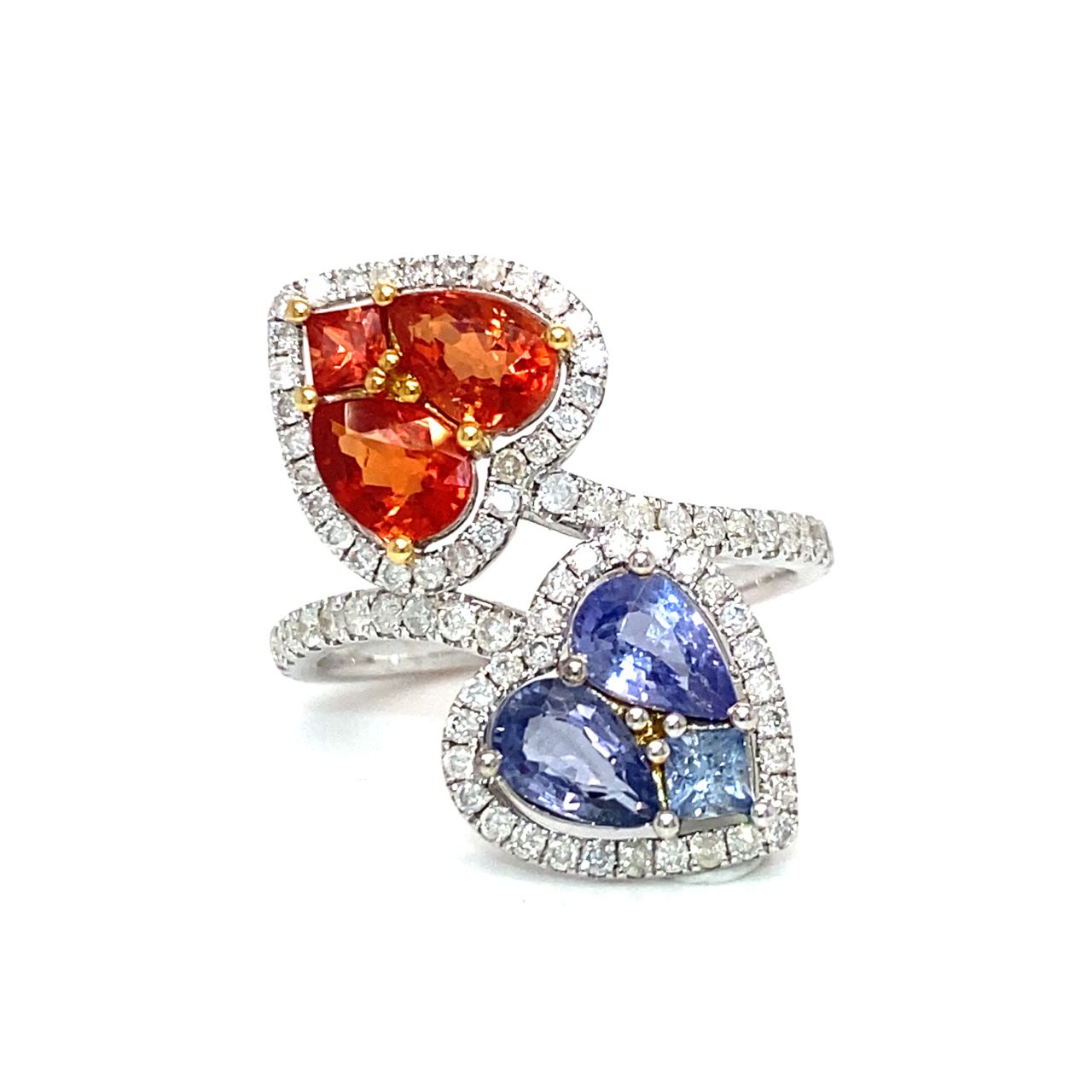 18K White Gold Joker Red &amp; Blue Sapphire Pie Cut Heart Diamond Wrap Ring