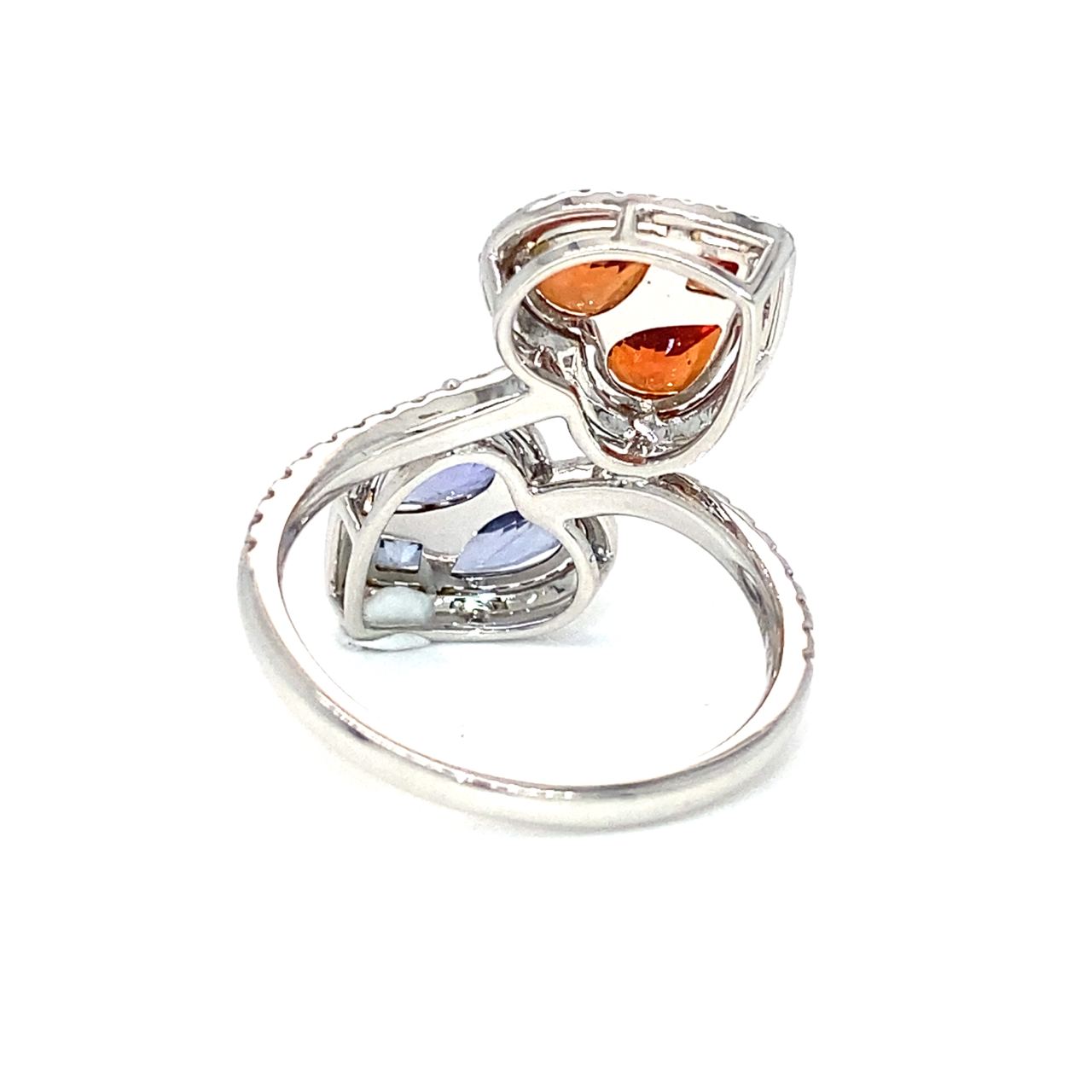 18K White Gold Joker Red &amp; Blue Sapphire Pie Cut Heart Diamond Wrap Ring