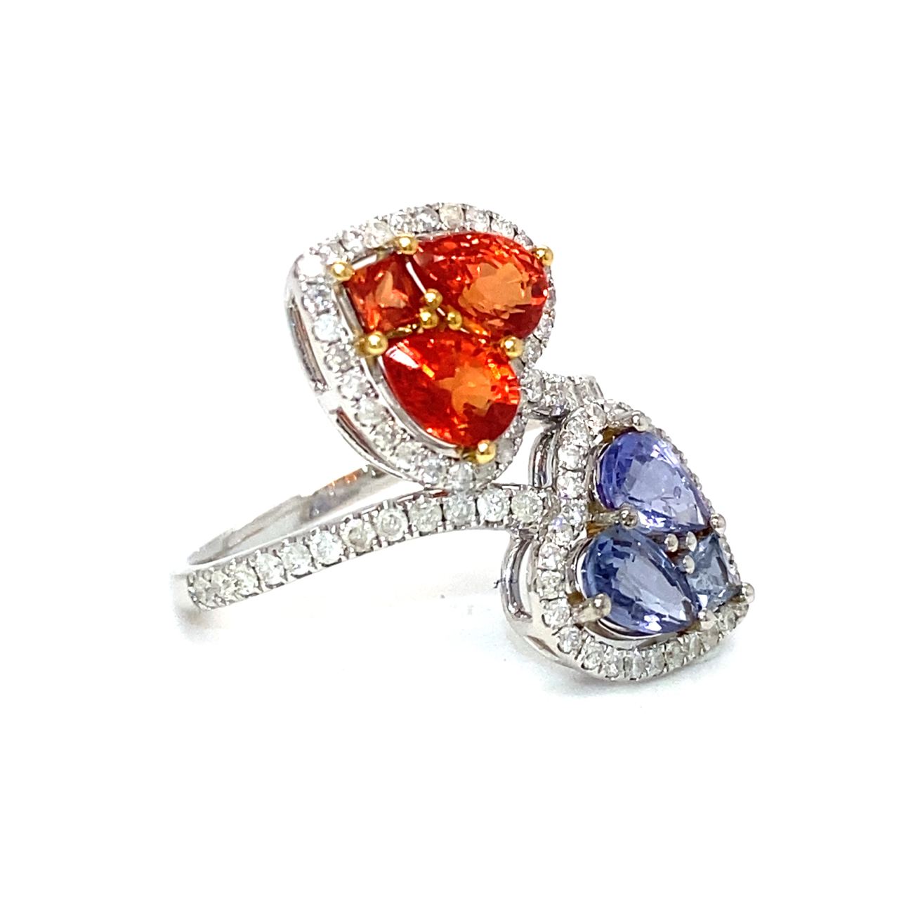 18K White Gold Joker Red &amp; Blue Sapphire Pie Cut Heart Diamond Wrap Ring