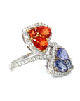 18K White Gold Joker Red & Blue Sapphire Pie Cut Heart Diamond Wrap Ring