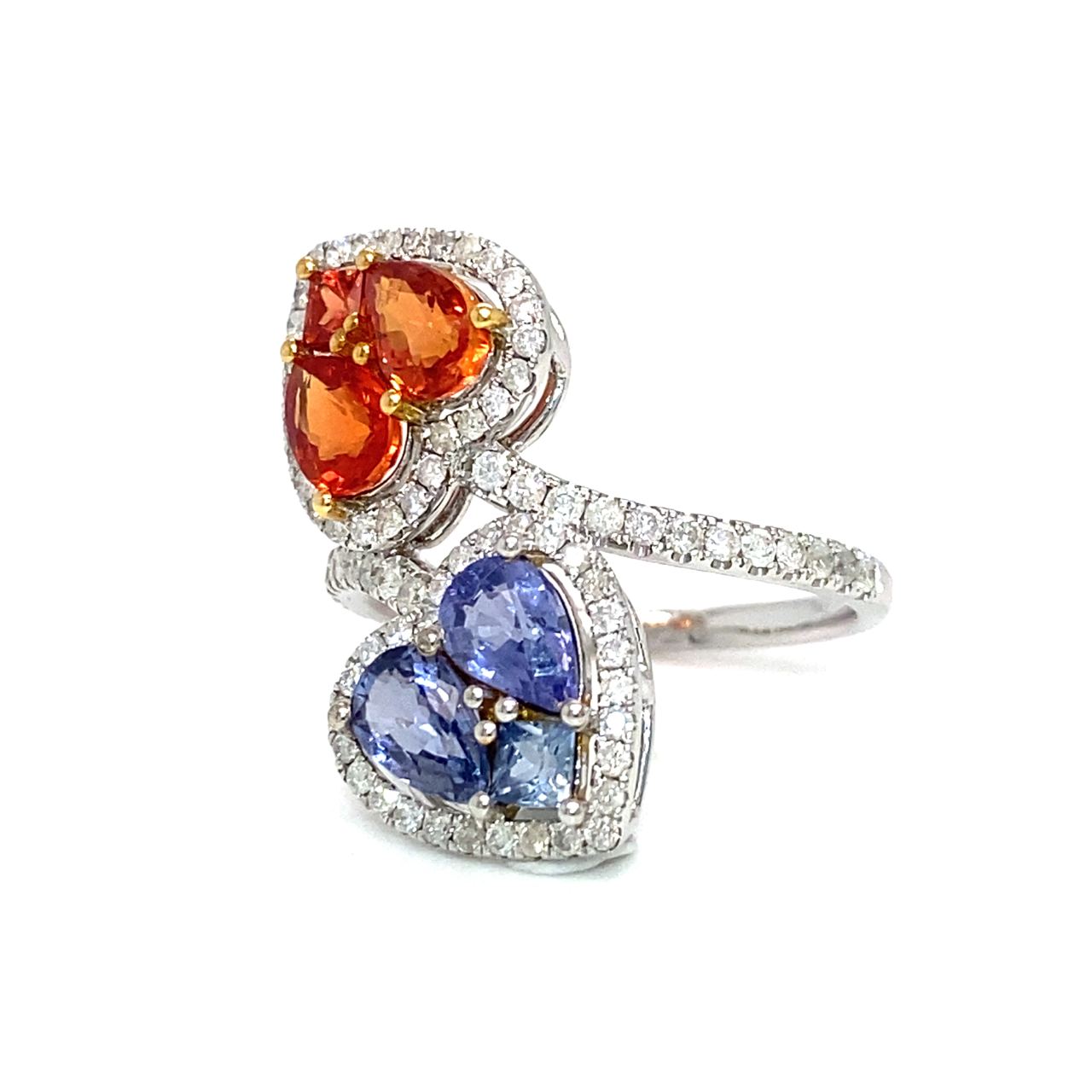 18K White Gold Joker Red &amp; Blue Sapphire Pie Cut Heart Diamond Wrap Ring