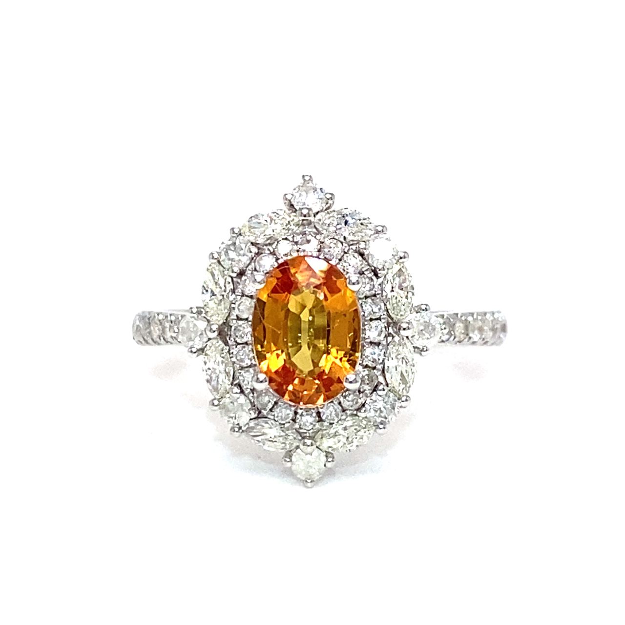 18K White Gold Italian Window Frame Oval Fancy Sappire Diamond RIng