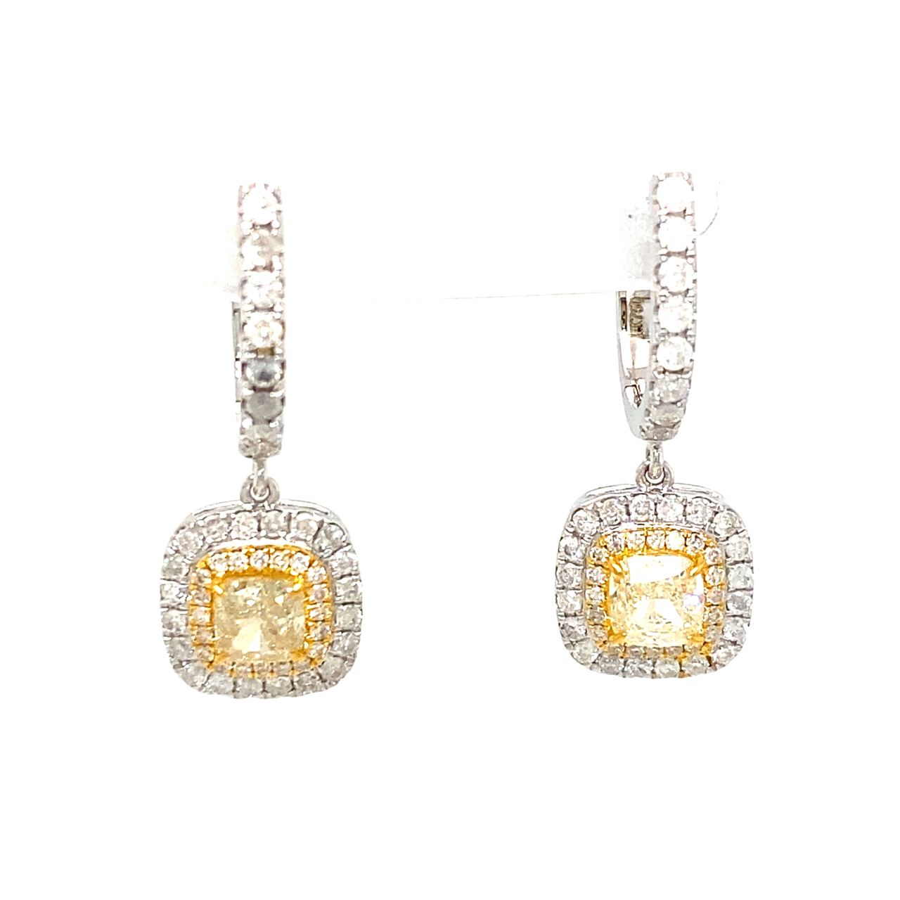 18K White Gold Cushion Yellow Diamond Dangle Halo DIamond Earrings