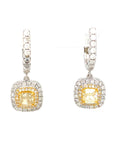 18K White Gold Cushion Yellow Diamond Dangle Halo DIamond Earrings