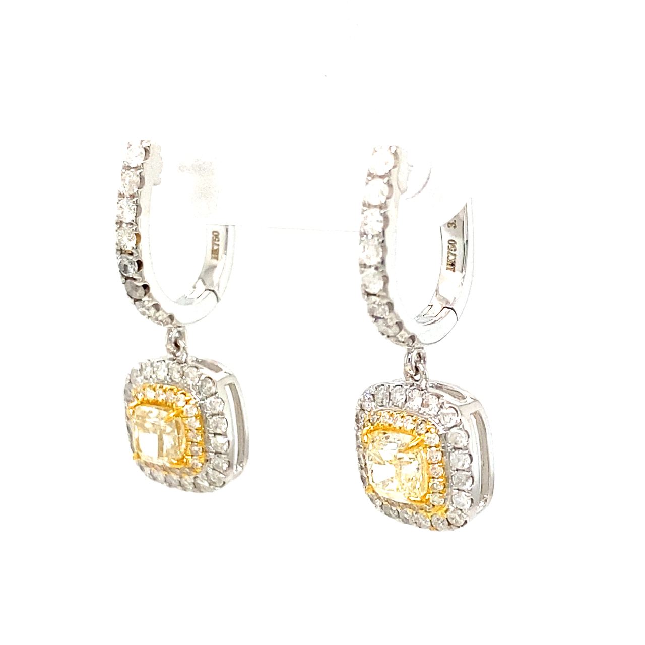 18K White Gold Cushion Yellow Diamond Dangle Halo DIamond Earrings