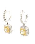 18K White Gold Cushion Yellow Diamond Dangle Halo DIamond Earrings