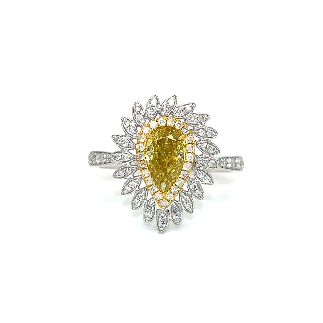 18K White Gold Fancy Yellow Diamond Pear Evermore Pear Halo Diamond Ring