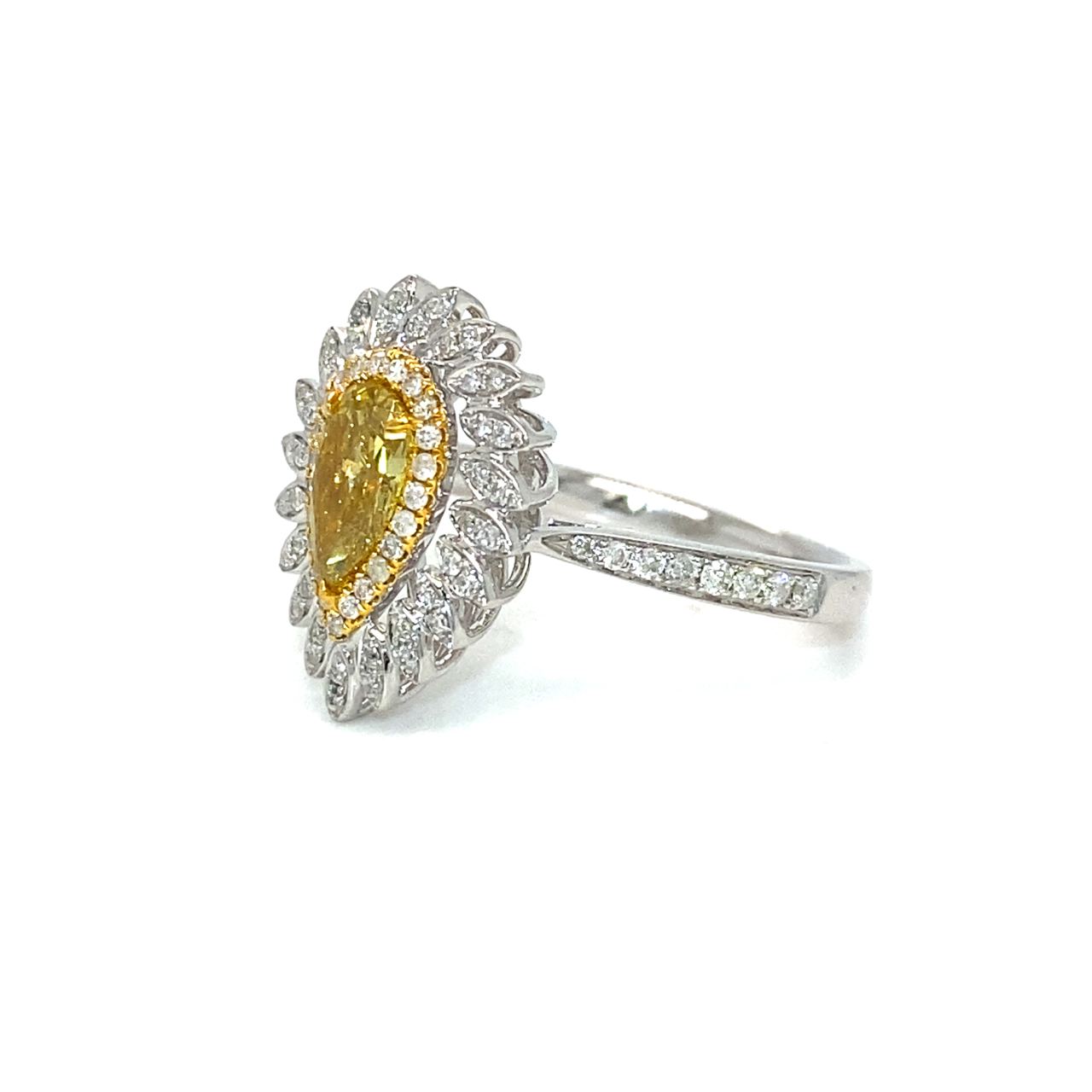 18K White Gold Fancy Yellow Diamond Pear Evermore Pear Halo Diamond Ring