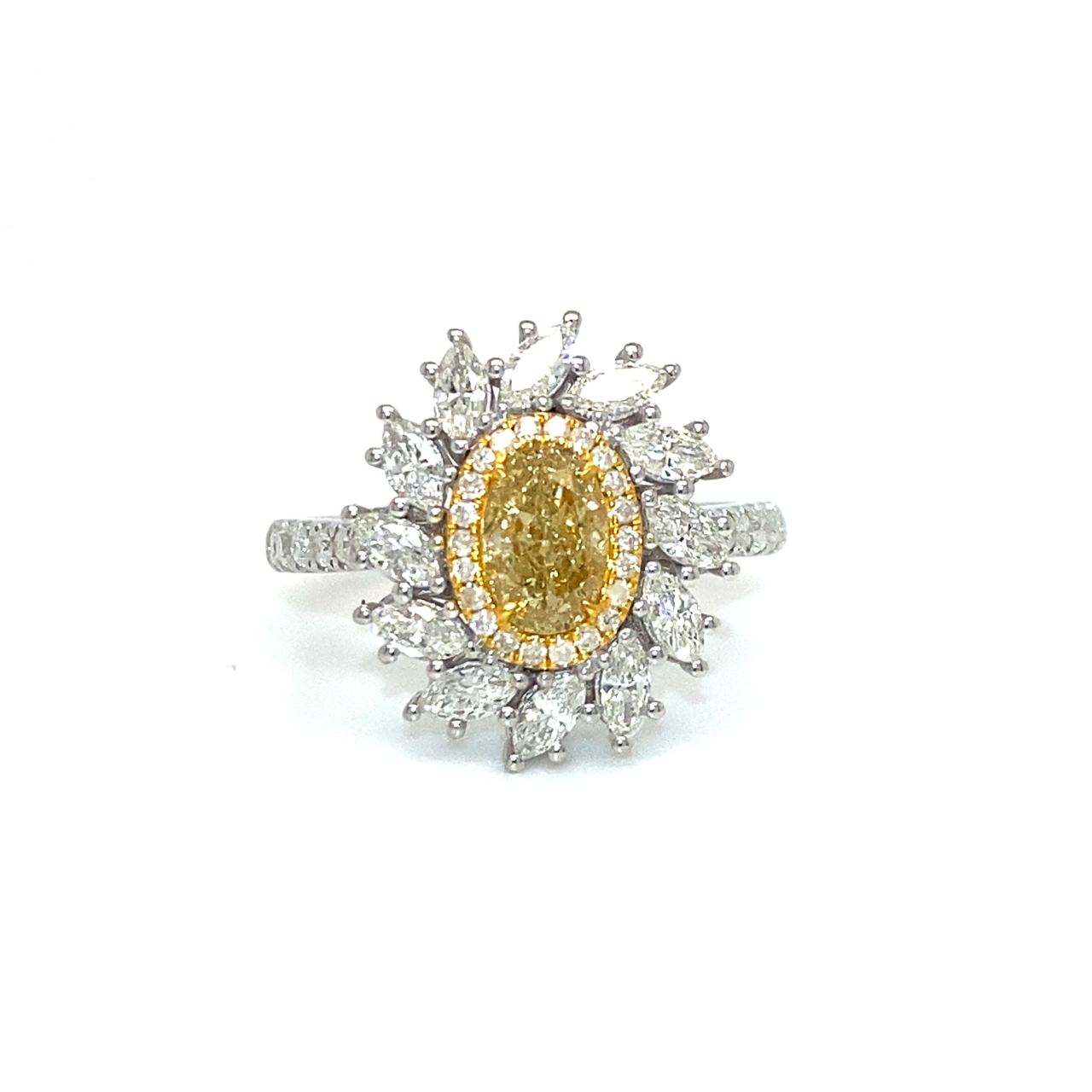 18K White Gold Oval Fancy Yellow Diamond With Marquise Halo Diamond Ring