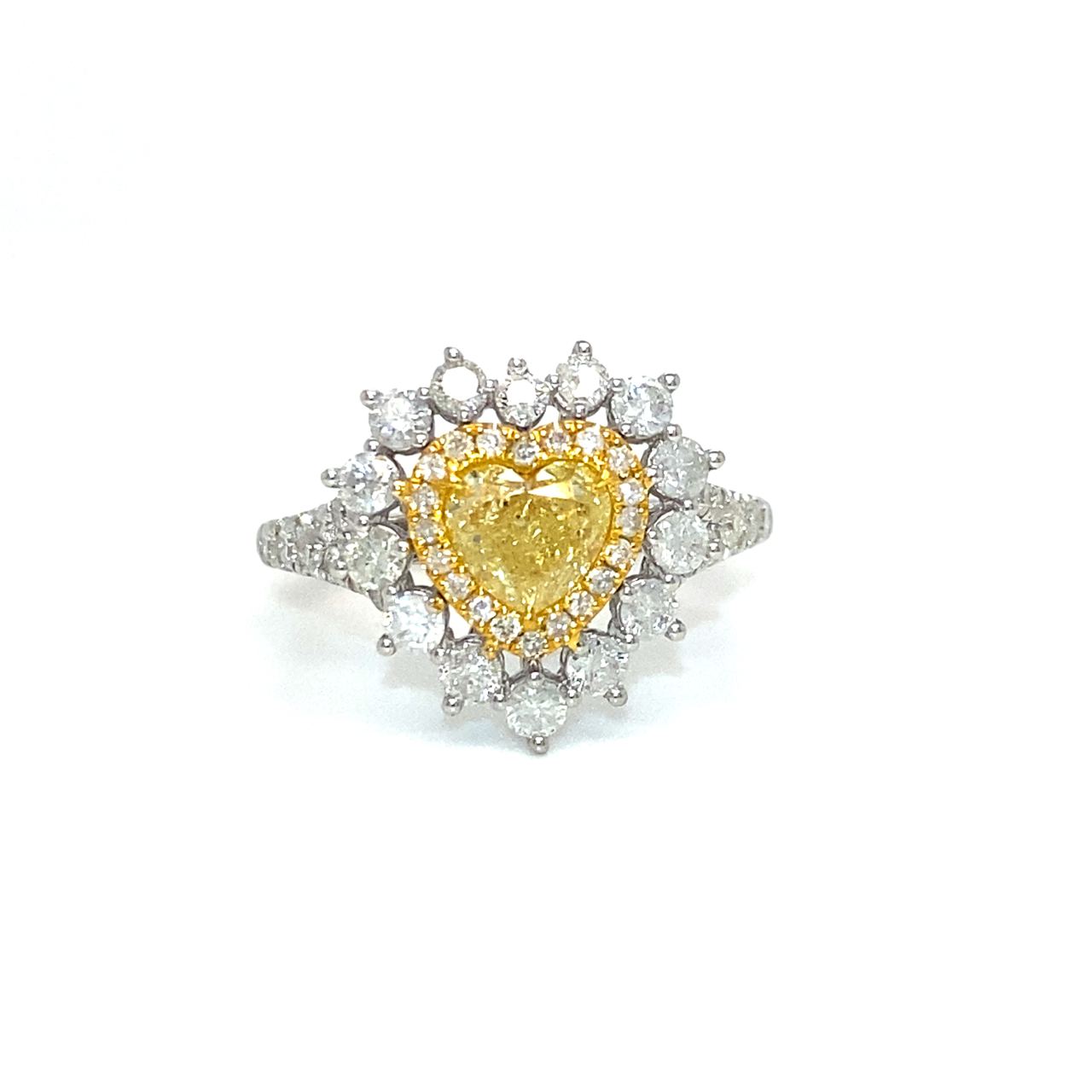 18K White Gold Heart Shape Fancy Yellow Diamond Halo Diamond Ring