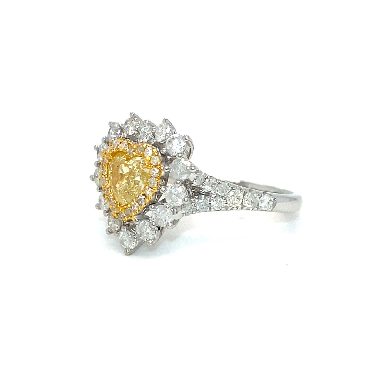 18K White Gold Heart Shape Fancy Yellow Diamond Halo Diamond Ring