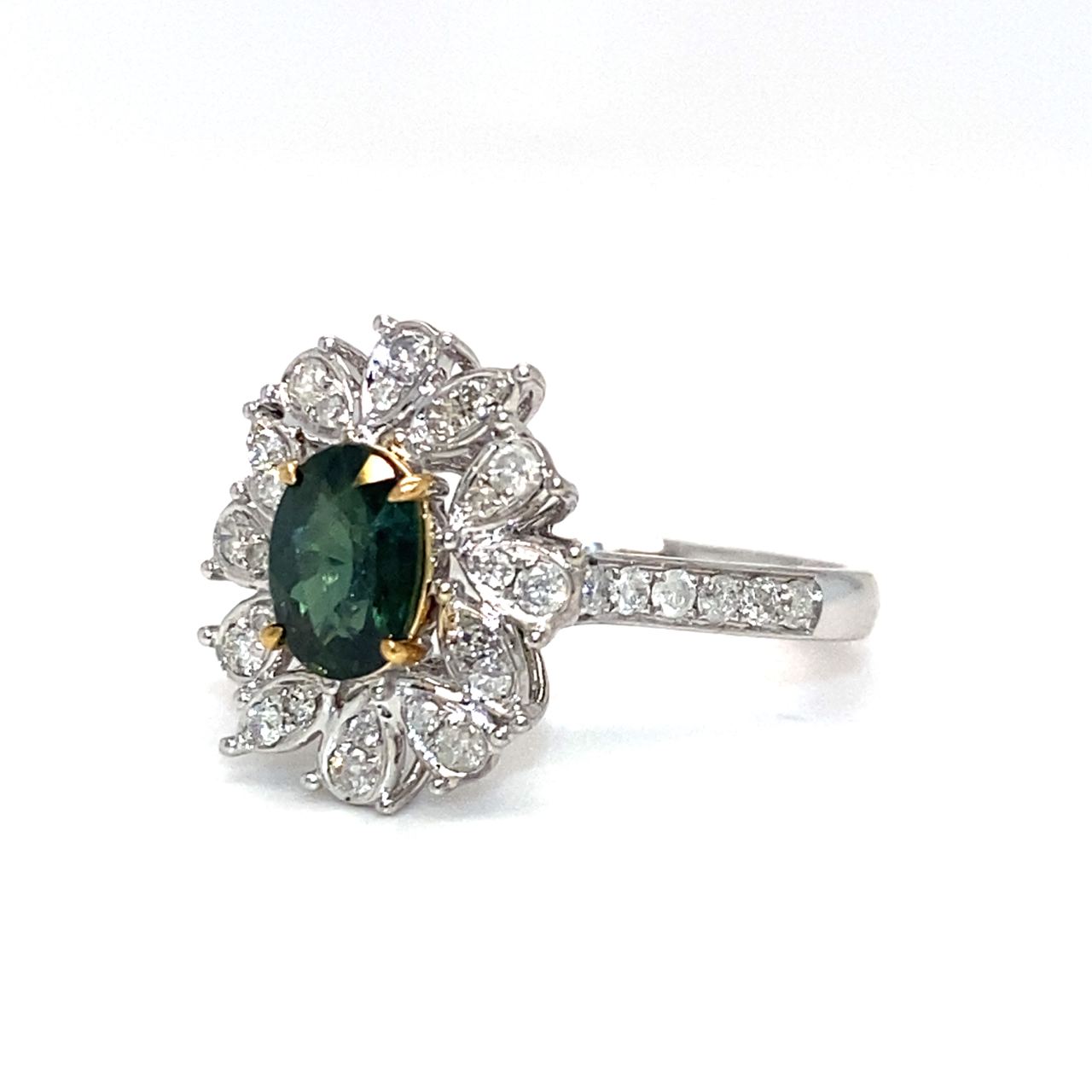 18K White Gold Flower Halo FS OV Diamond Ring