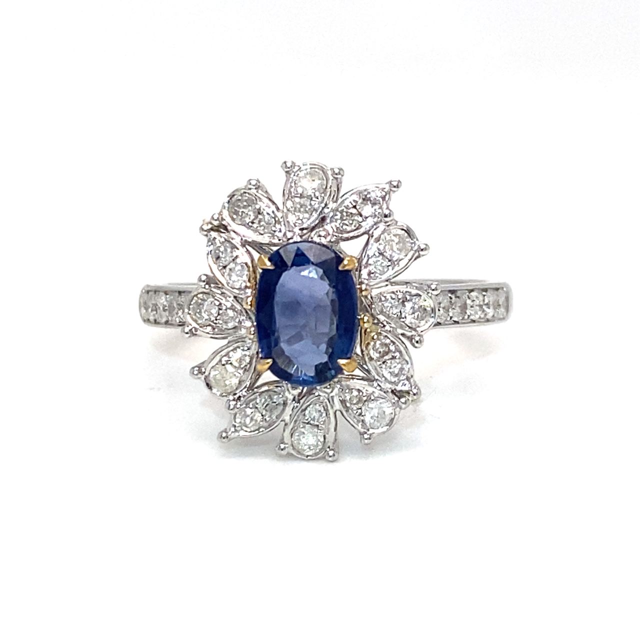 18K White Gold Flower Halo Blue SAP OV Diamond Ring