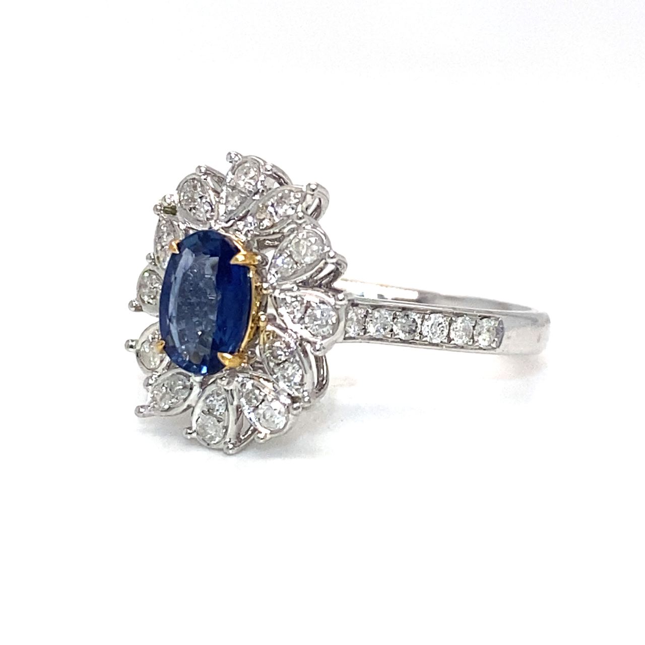 18K White Gold Flower Halo Blue SAP OV Diamond Ring