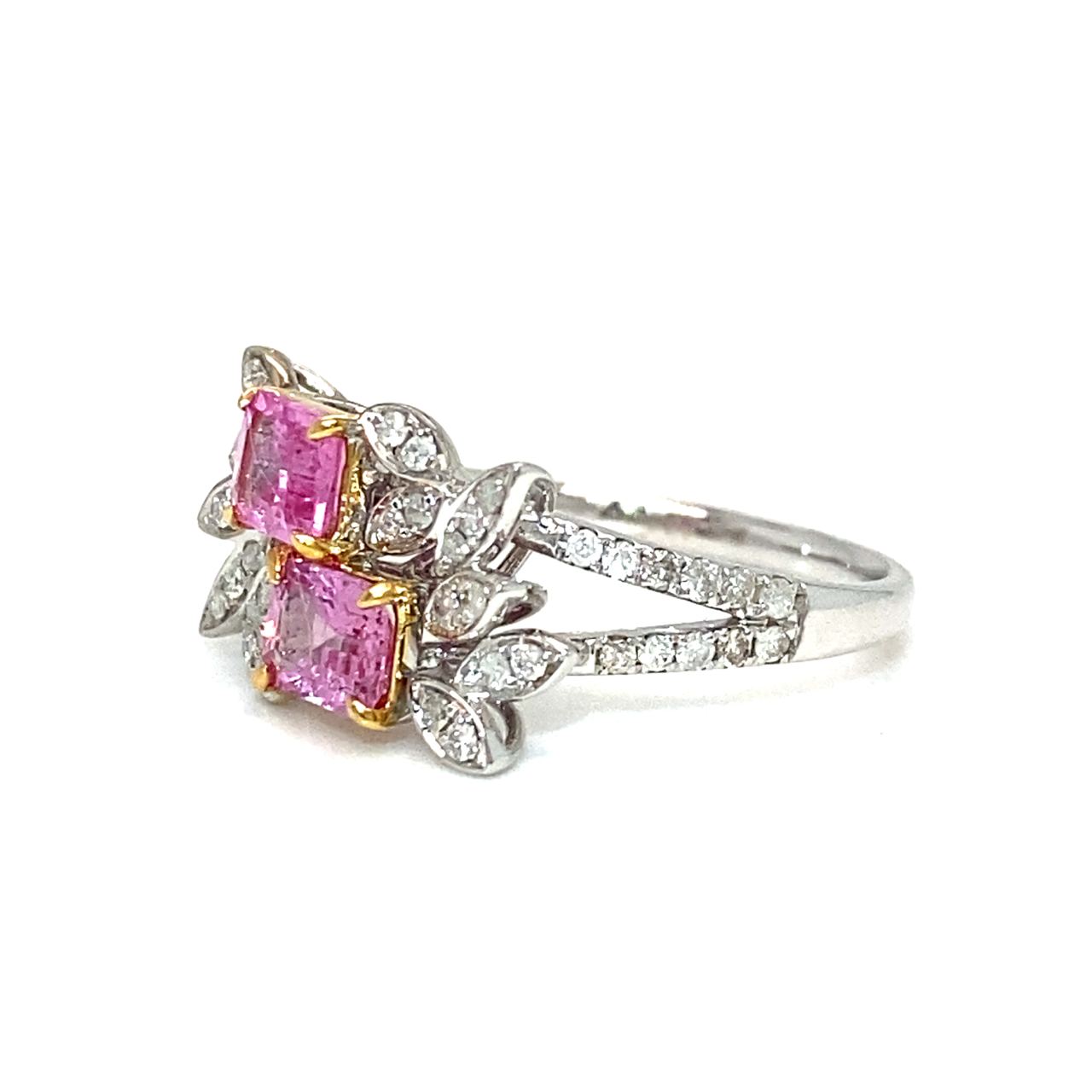 18K White Gold Pink Emerald Sapphire Double Deck Diamond Ring