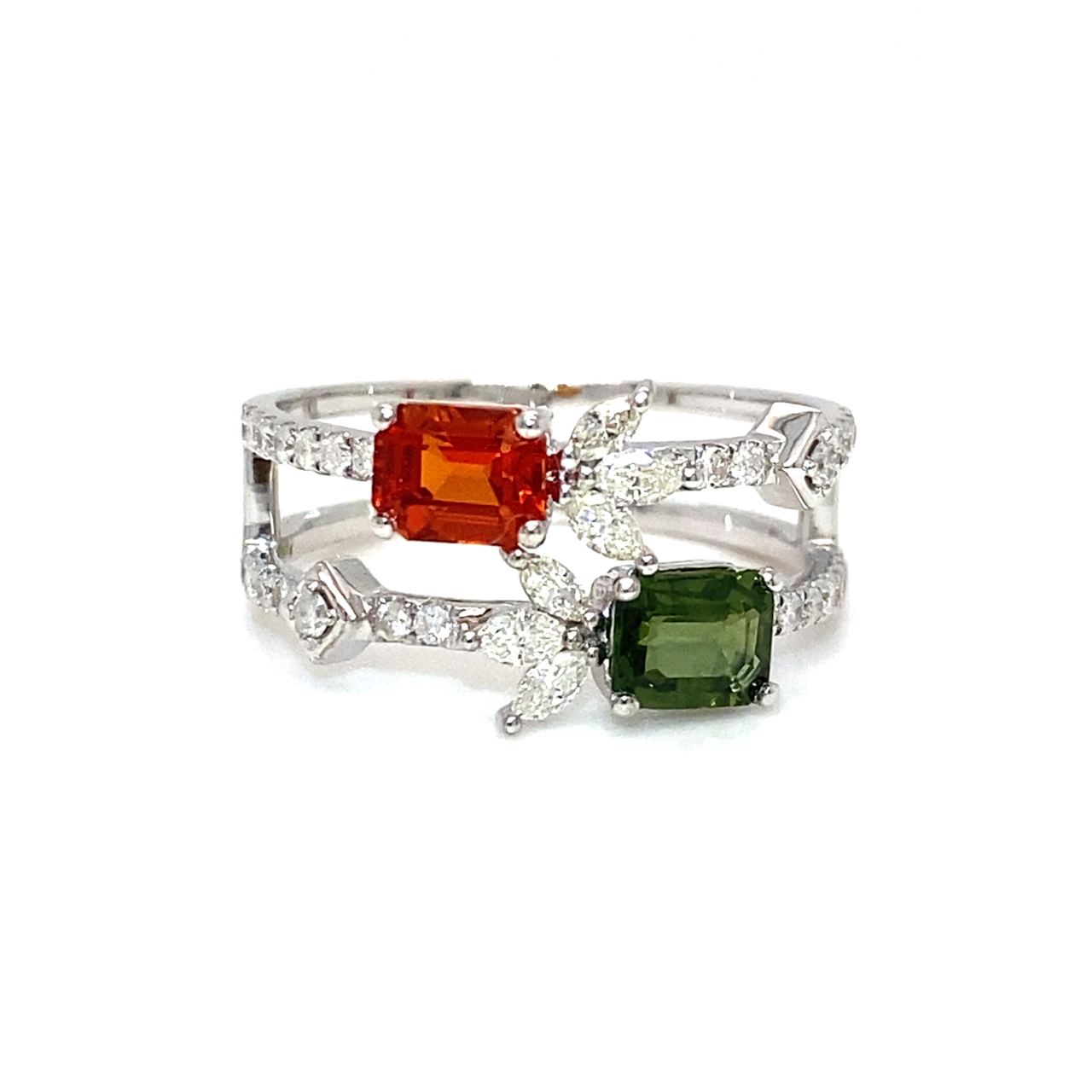 18K White Gold Double Deck Layer Emerald Shape Sapphire Leave Diamond Ring