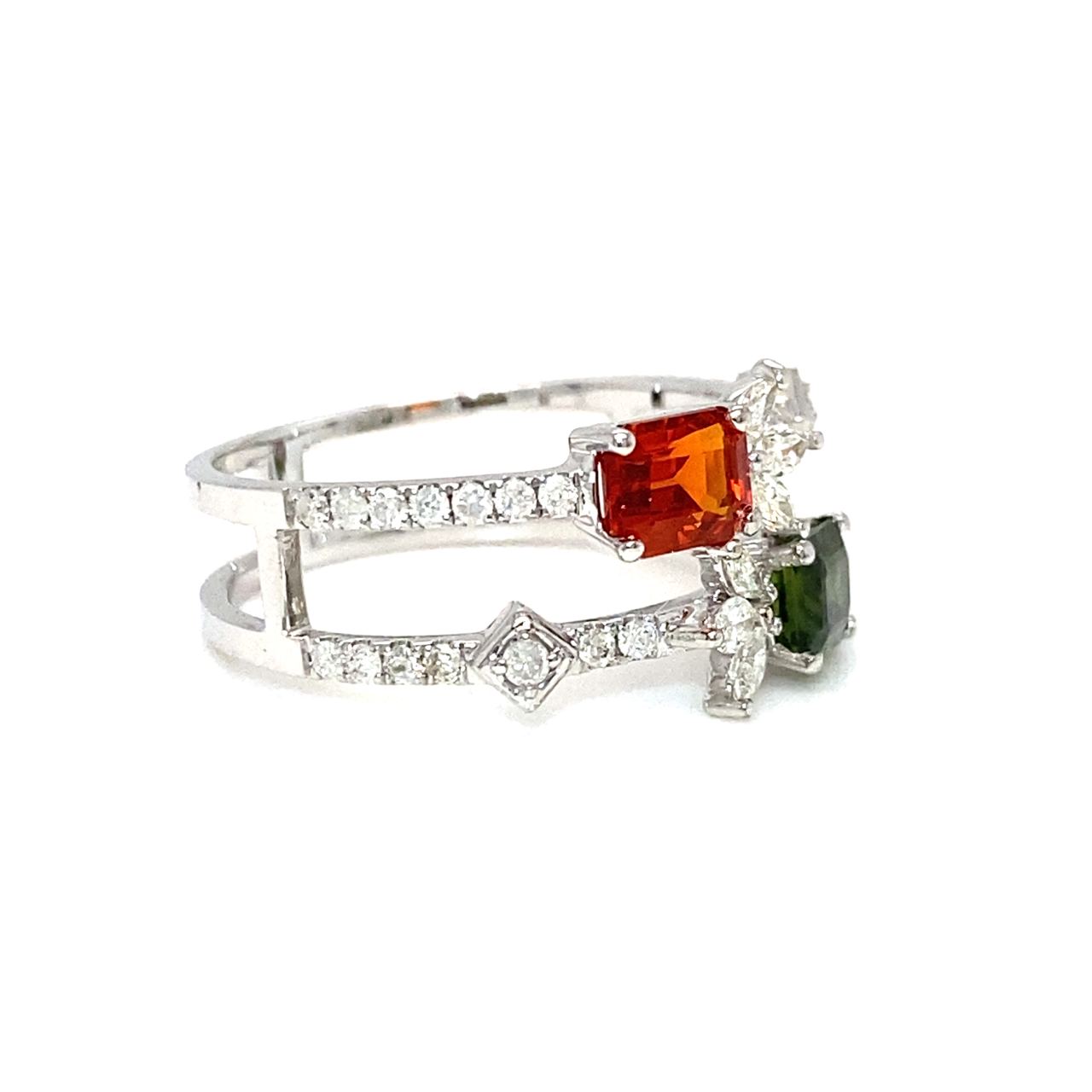 18K White Gold Double Deck Layer Emerald Shape Sapphire Leave Diamond Ring