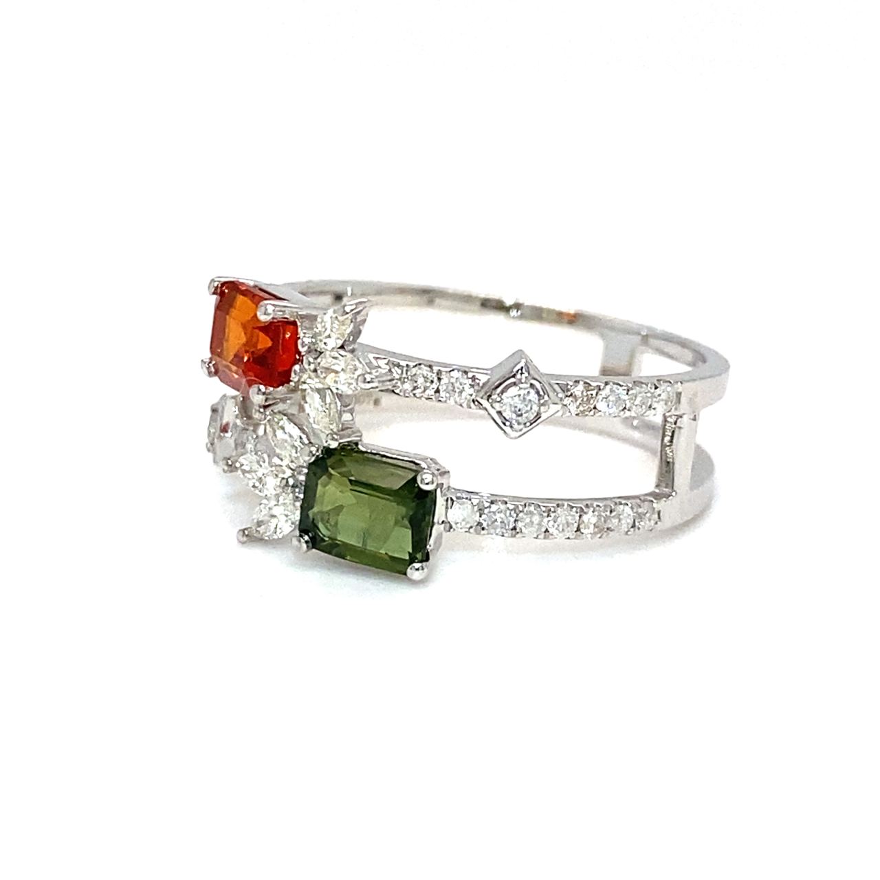 18K White Gold Double Deck Layer Emerald Shape Sapphire Leave Diamond Ring