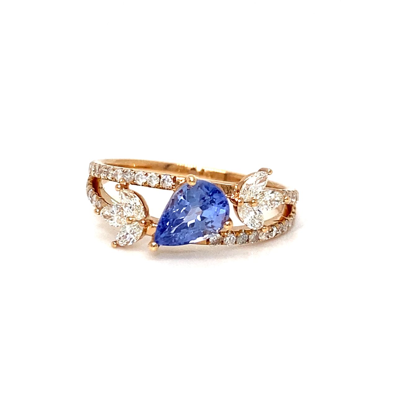 18K Rose Gold Ivy BLUE Pear Sap Tilt V Shape Double Deck Diamond Ring