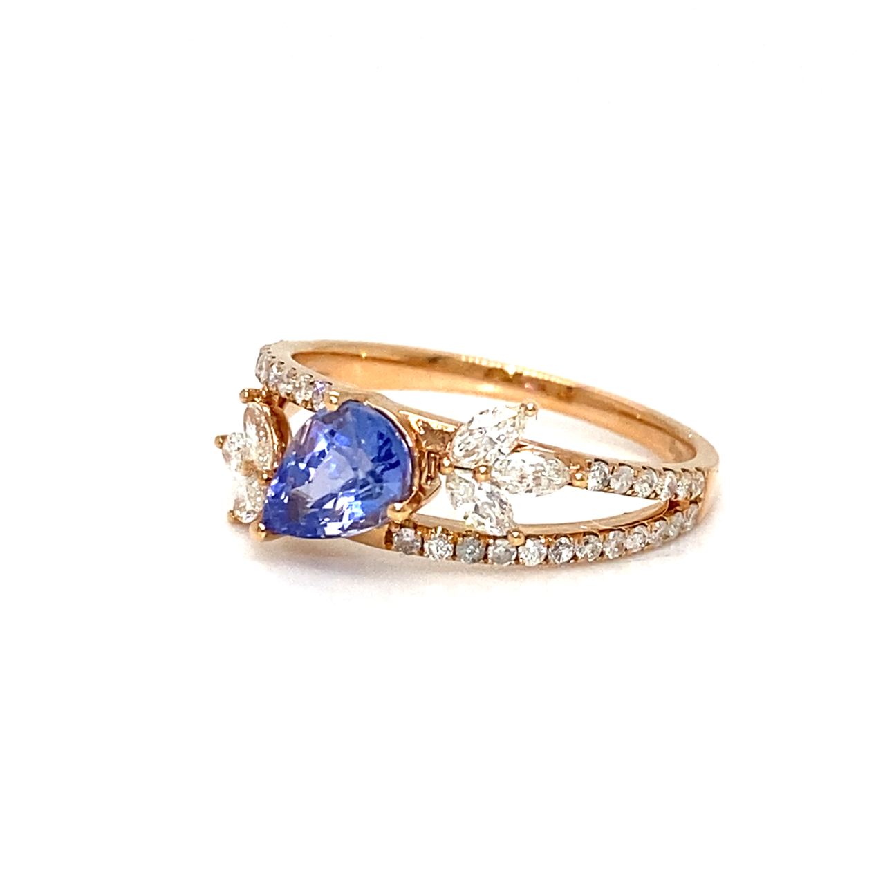 18K Rose Gold Ivy BLUE Pear Sap Tilt V Shape Double Deck Diamond Ring