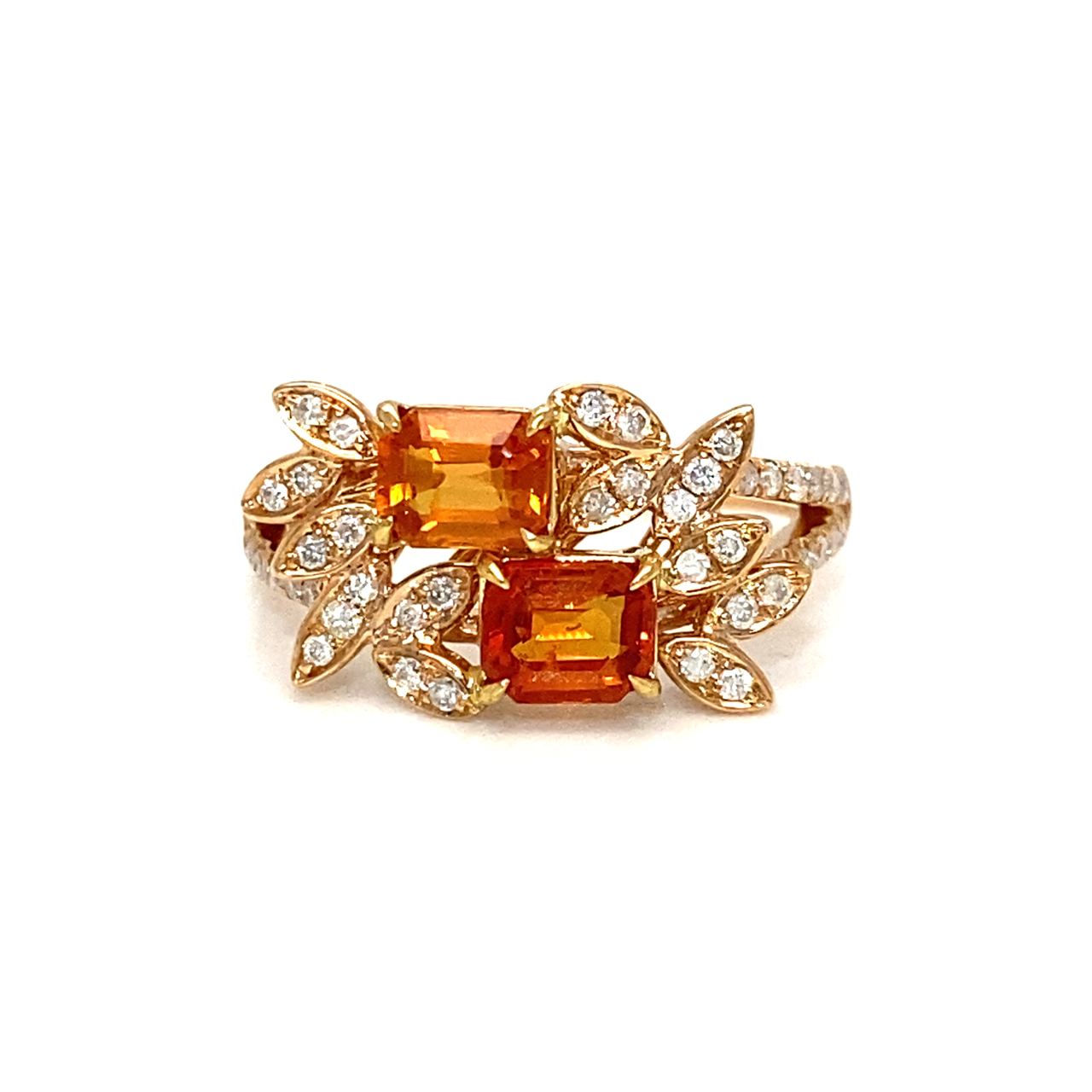 18K Rose Gold Double Deck Emerald Shape Sapphires Glam Diamond Ring