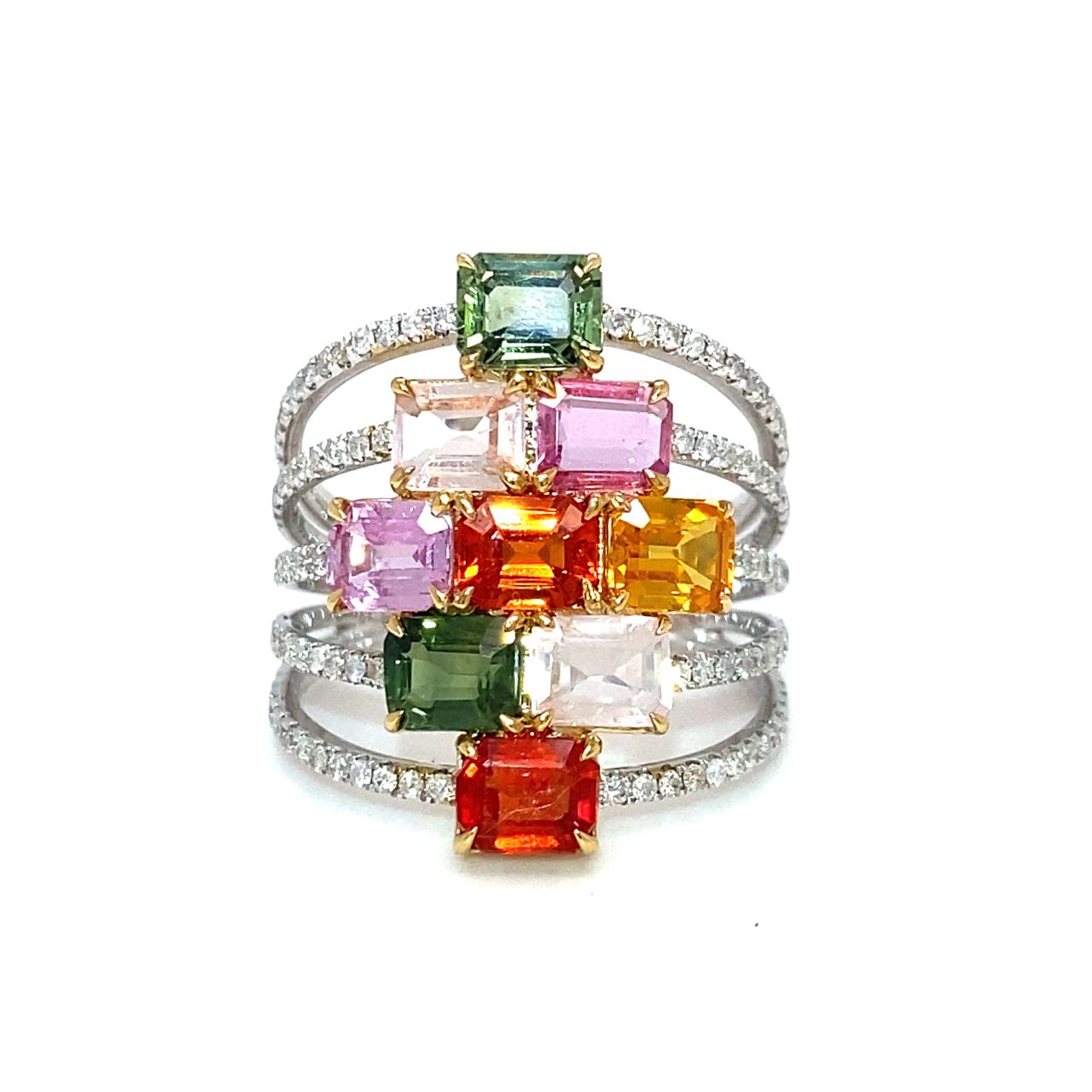 18K White Gold Emerald Multi Layer Diamond Ring