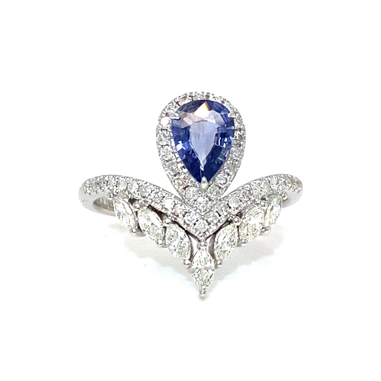 18K White Gold Blue Sapphire Tiara Sharp Diamond Ring