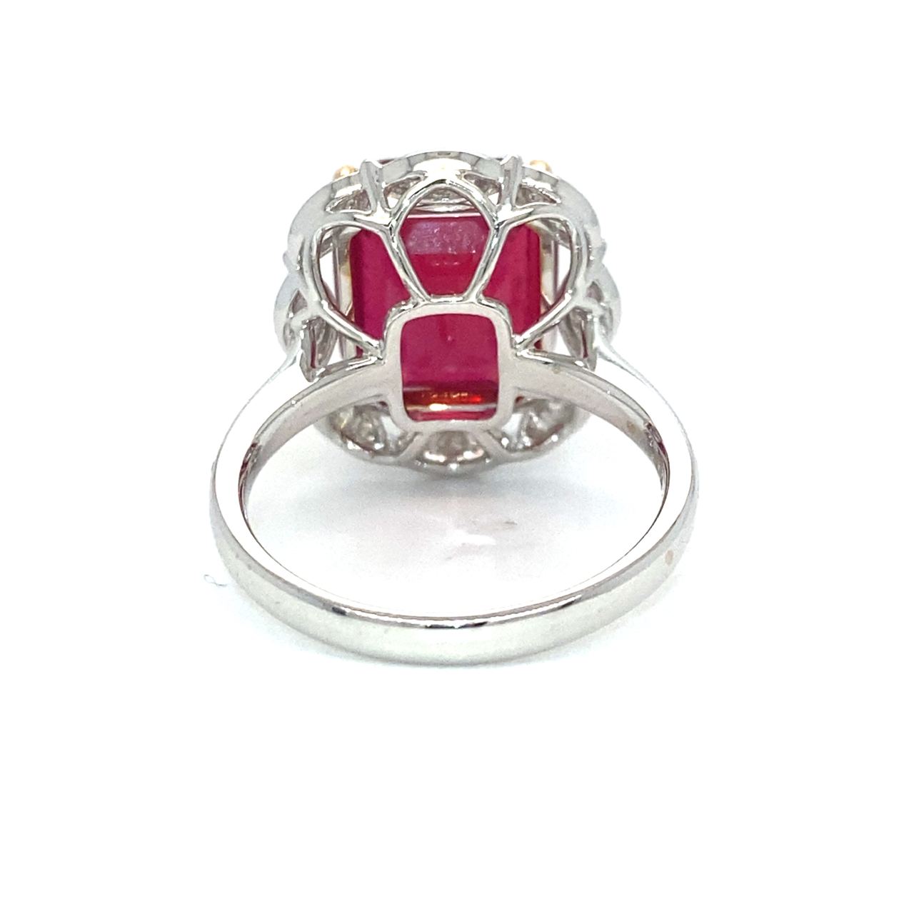 18K White Gold Bubble Shoulder Ruby Em Shape Diamond RIng