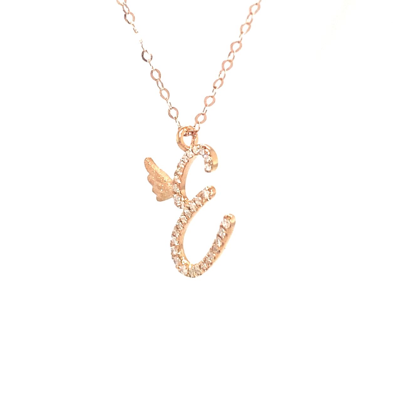 18K Rose Gold Stylish Wings Alphabet E Full Diamond Necklace
