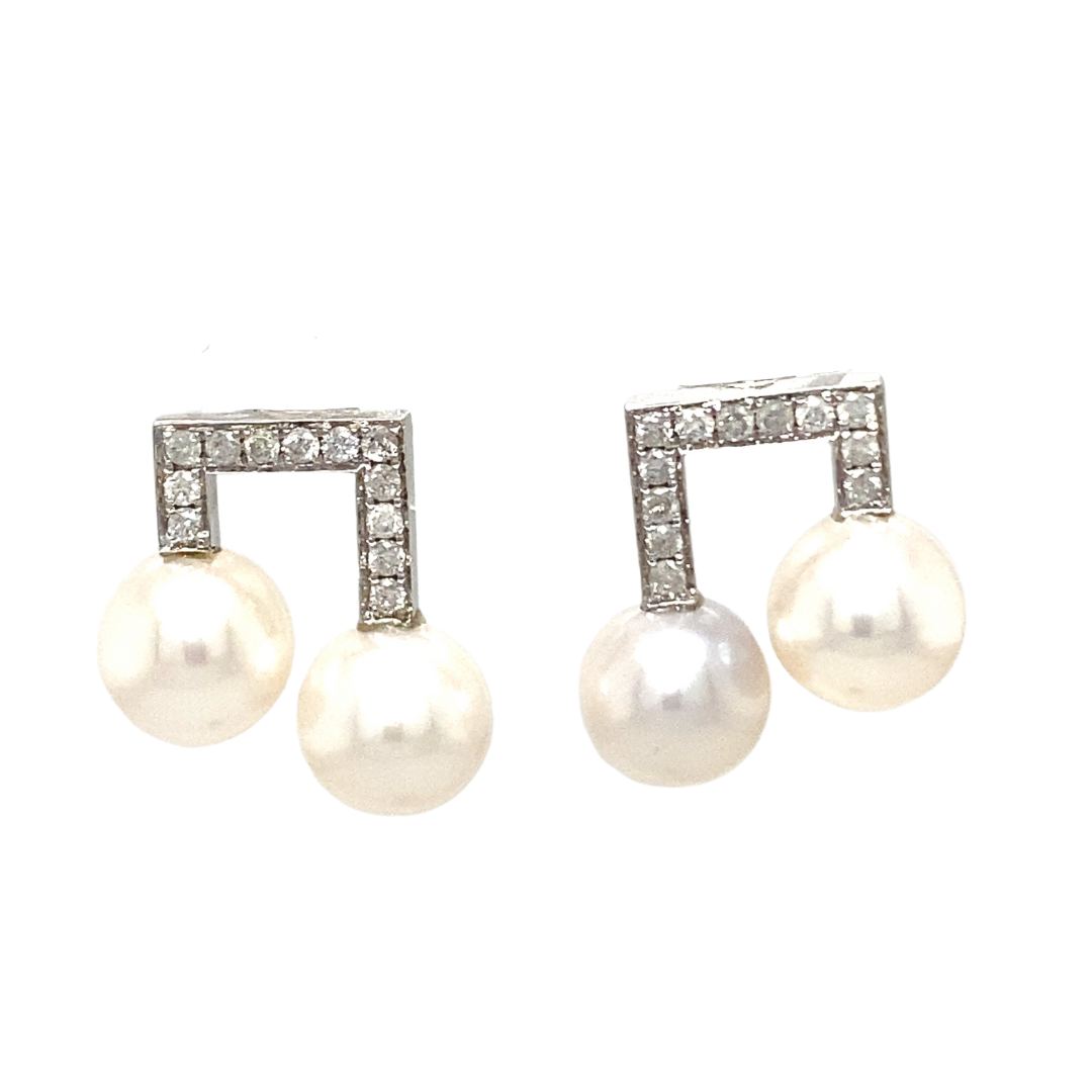 18K White Gold Music Diamond Pearl Earrings
