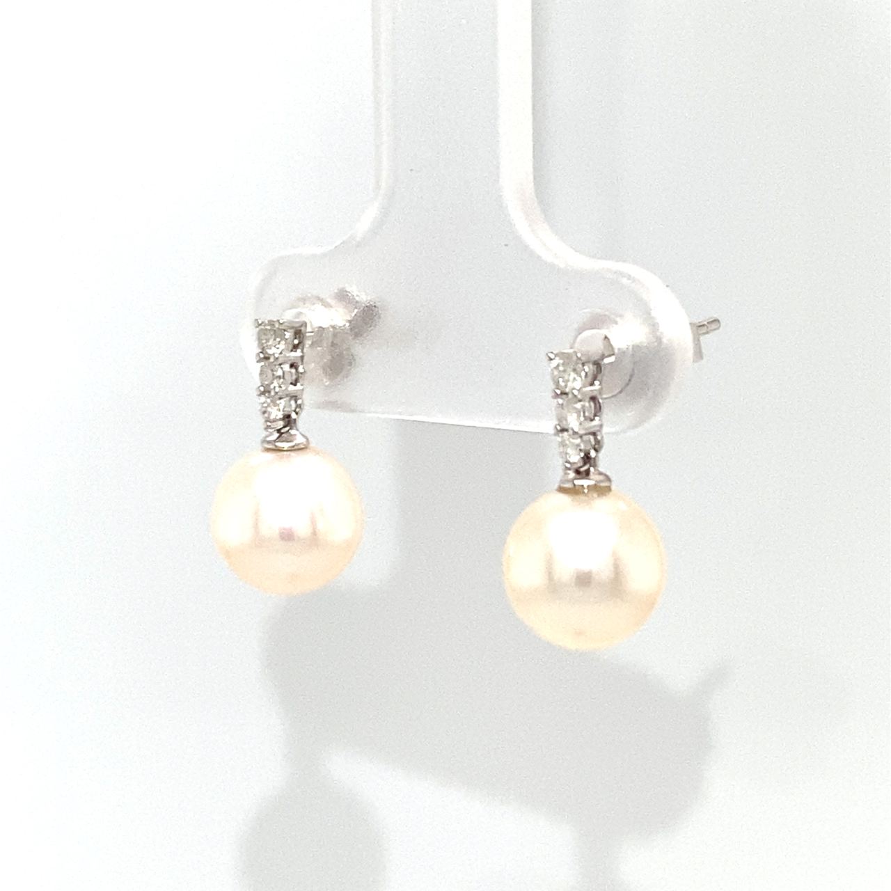 18K White Gold Triple Diamond Pearl Earrings