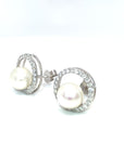 18K White Gold Halo Diamond Pearl Earrings