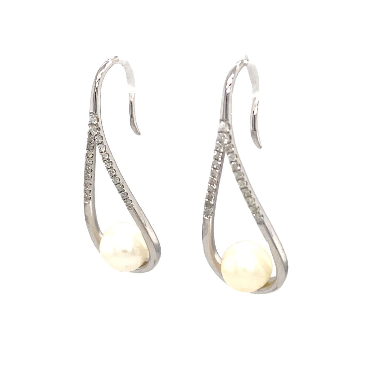 18K White Gold Large Drop Holo Diamond Pearl Earrings