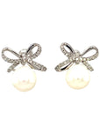 18K White Gold Ballet Bow Diamond Pearl Earrings
