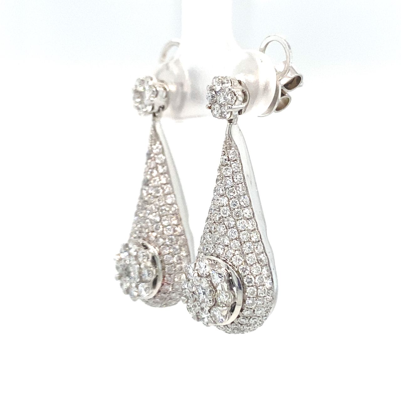 18K White Gold Bubble Drop Pave Lotus Cluster Diamond Earrings