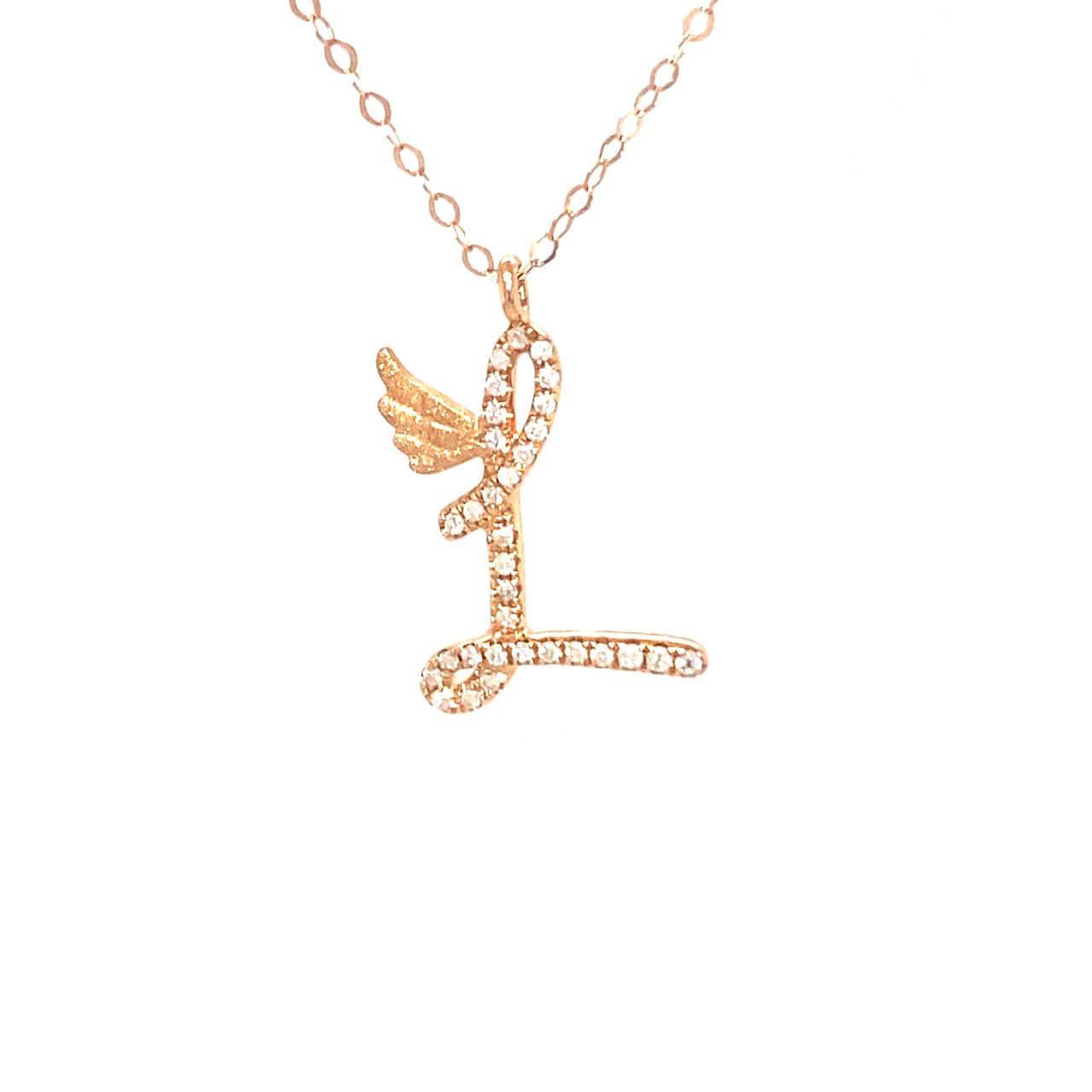 18K Rose Gold Stylish Wings Alphabet L Full Diamond Necklace