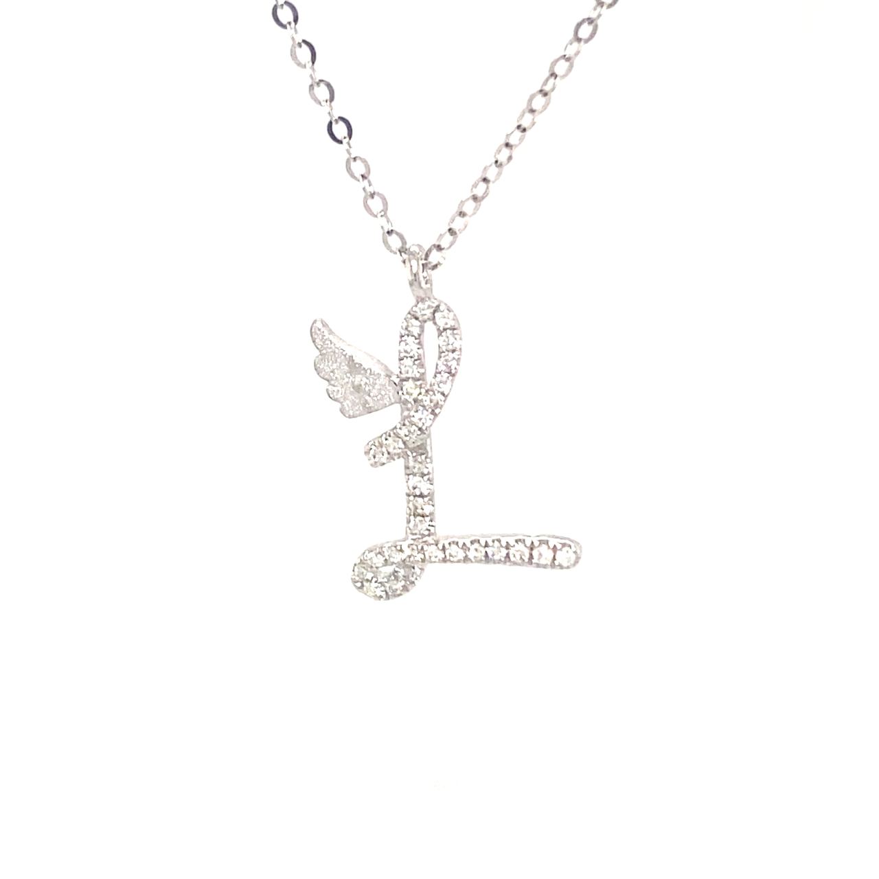 18K White Gold Stylish Wings Alphabet L Full Diamond Necklace