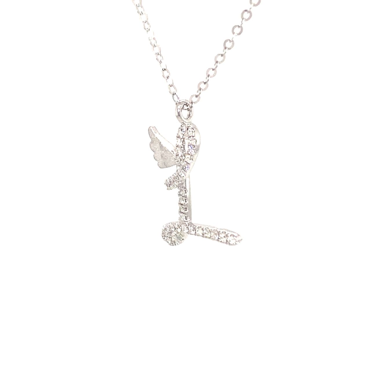 18K White Gold Stylish Wings Alphabet L Full Diamond Necklace