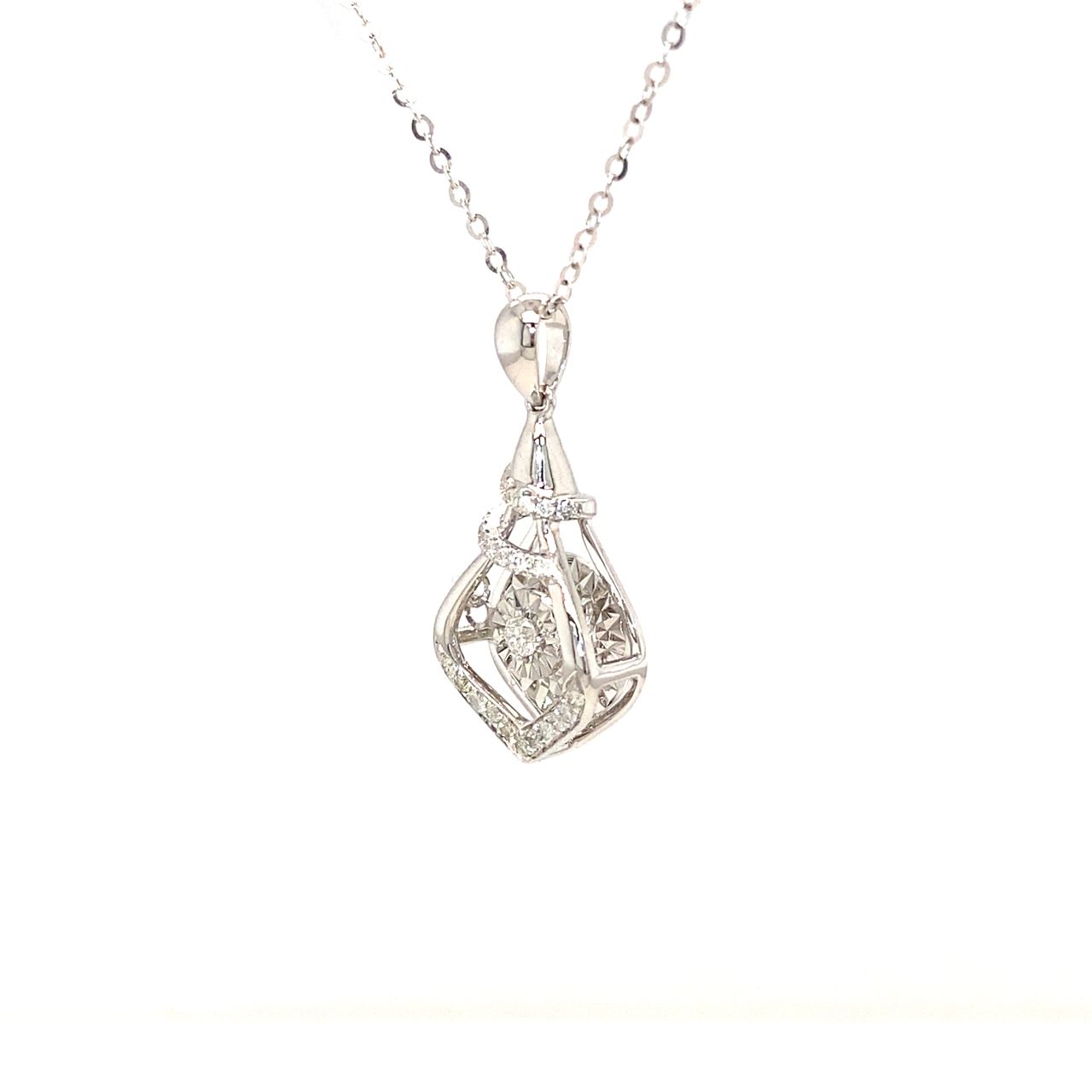 18K White Gold Ribbon Illusion Setting Dancing Stone Diamond Necklace