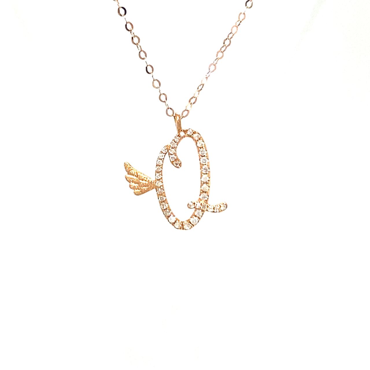 18K Rose Gold Stylish Wings Alphabet Q Full Diamond Necklace