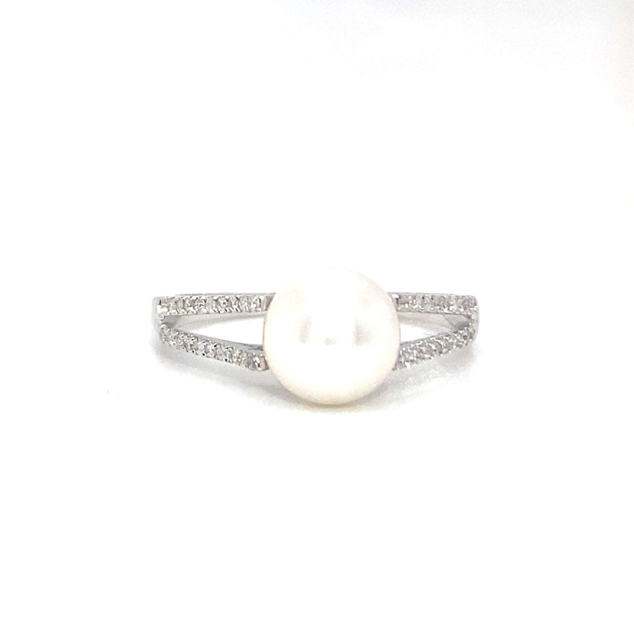 18K White Gold Split Shank Pearl Diamond Ring