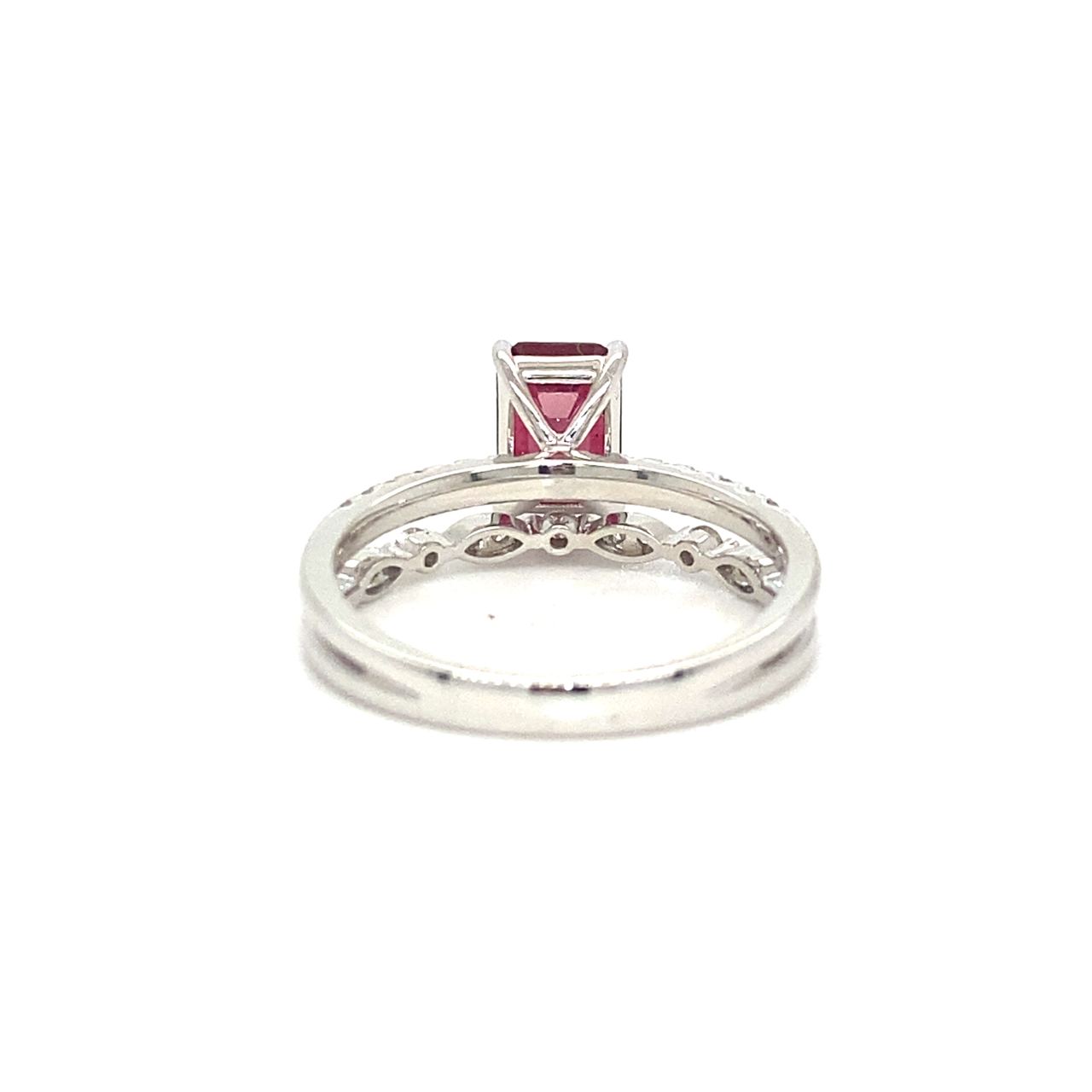 18K White Gold Simple Halo Emerald Shape Ruby Diamond Ring