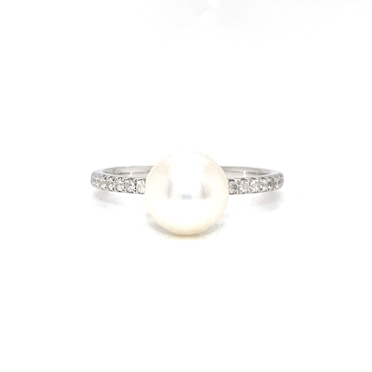 18K White Gold Simple Pave Pearl Diamond Ring