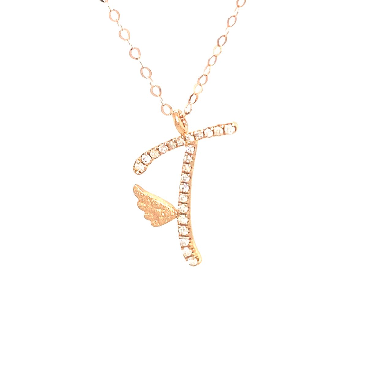 18K Rose Gold Stylish Wings Alphabet T Full Diamond Necklace