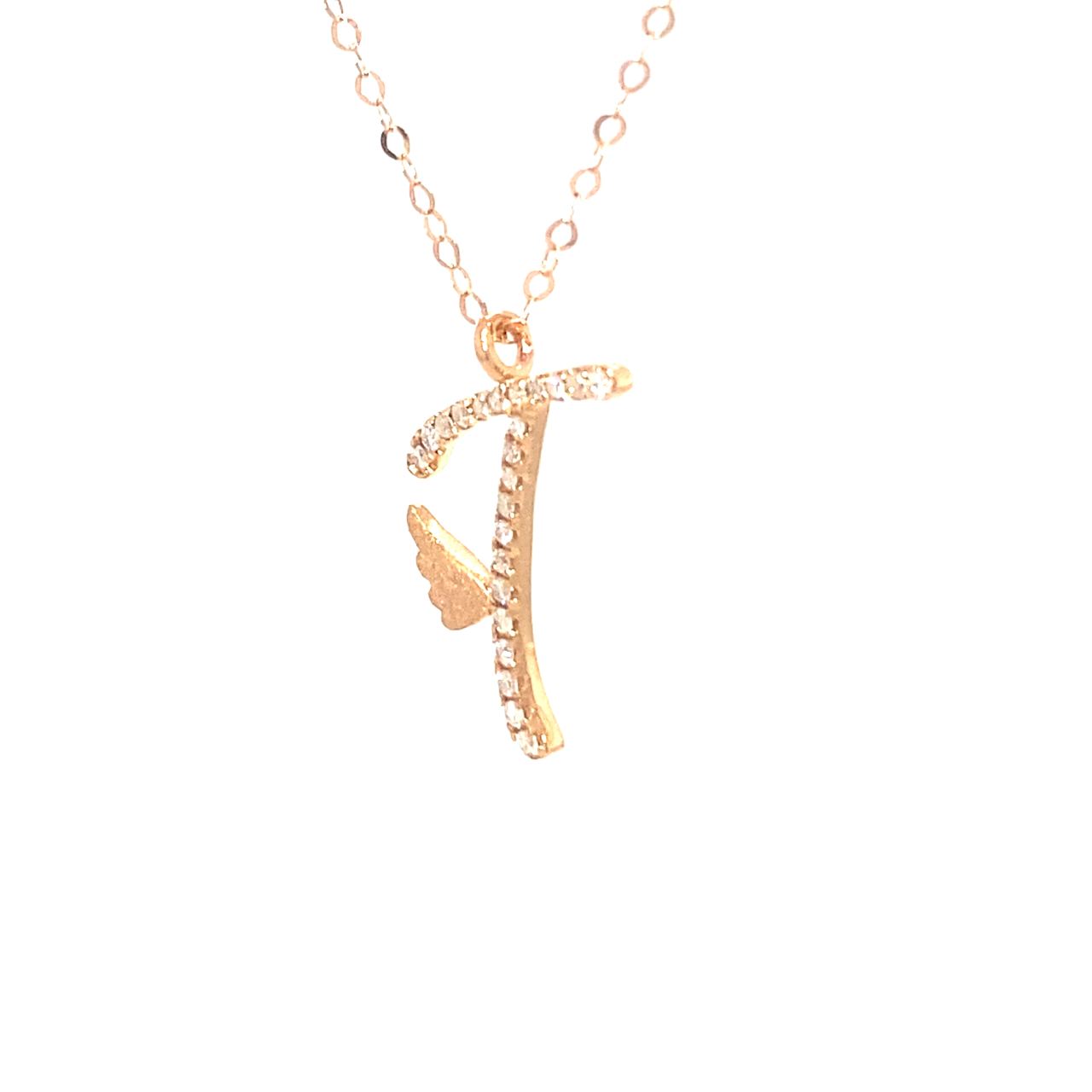 18K Rose Gold Stylish Wings Alphabet T Full Diamond Necklace