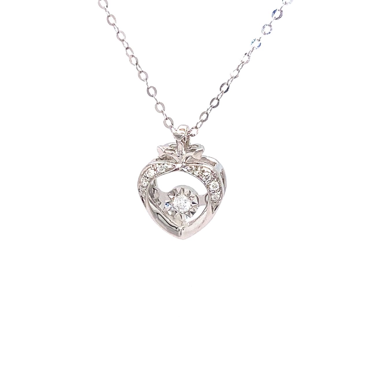 18K White Gold Two Leaf Heart Dancing Stone Diamond Necklace