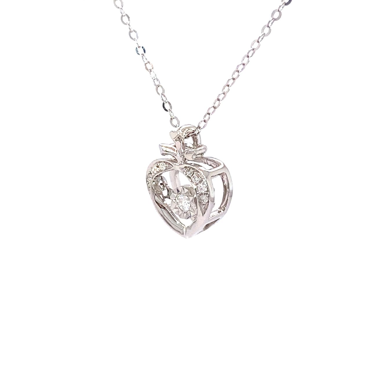 18K White Gold Two Leaf Heart Dancing Stone Diamond Necklace