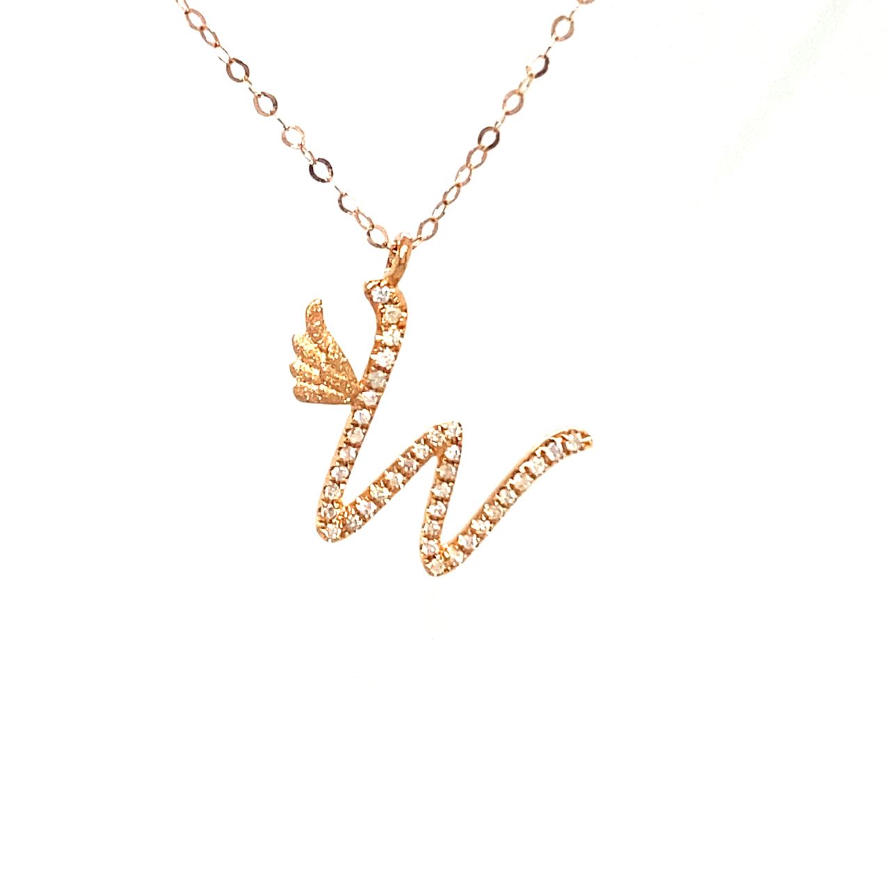 18K Rose Gold Stylish Wings Alphabet W Full Diamond Necklace
