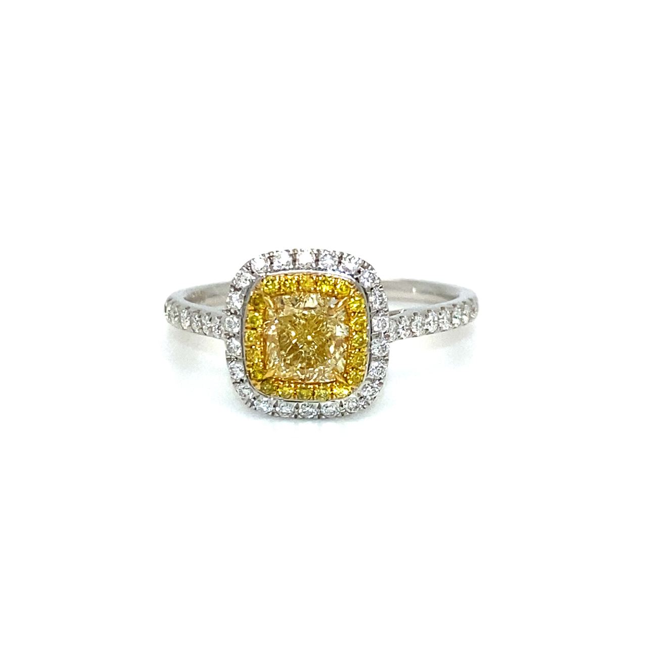 18K White Gold Double Small  Halo Cushion Fancy Yellow Diamond Ring